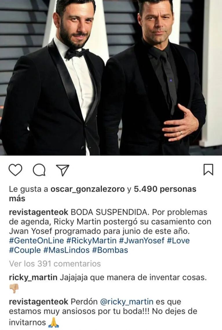El comentario de Ricky Martin a un posteo de Instagram que anunciaba la cancelación de su boda: "Jajaja. ¡Qué manera de inventar cosas!"