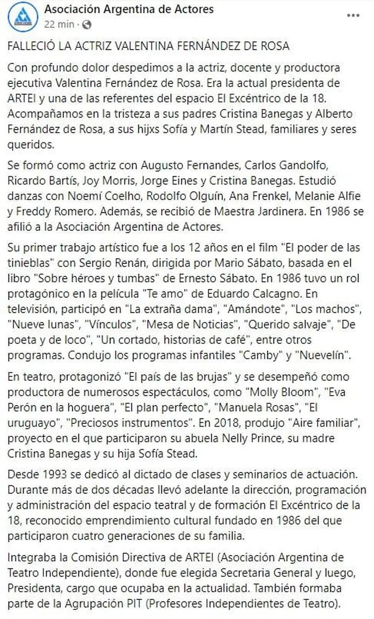 Dolor por la muerte de la actriz Valentina Fernández de Rosa, hija de Cristina Banegas y Alberto Fernández de Rosa
