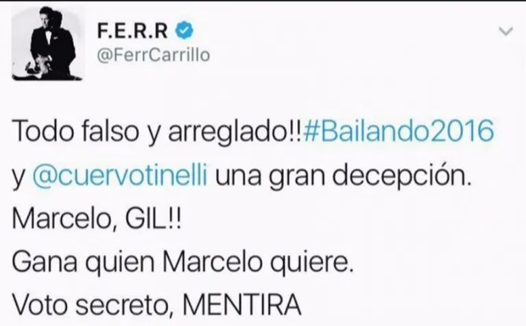 Fernando Carrillo disparó contra Tinelli durante la final de Bailando 2016: "¡Marcelo gil! Gana quien él quiere"