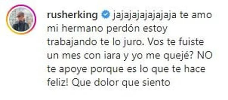 Rusherking le respondió contundente a su amigo El Demente tras el filoso posteo sobre su relación con China Suárez