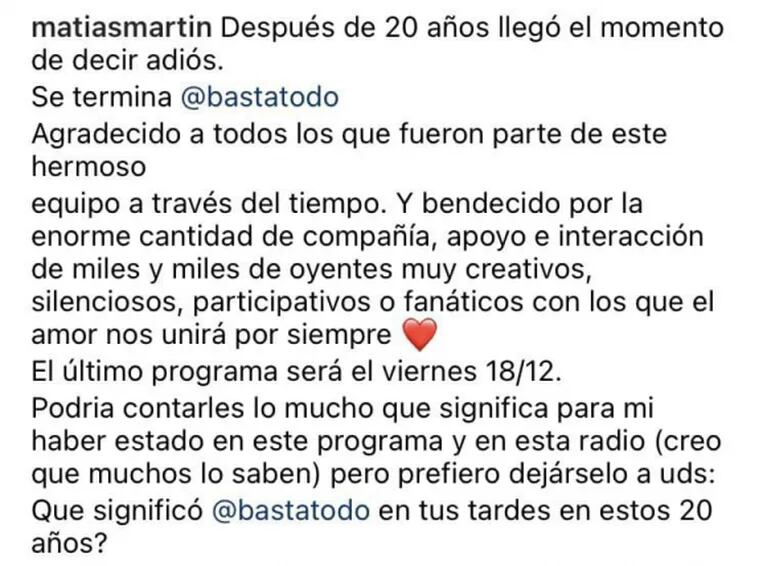 Matías Martin anunció el final de Basta de todo, tras 20 años al aire: "El amor nos unirá siempre"