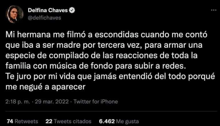 Delfina Chaves contó que no le permitió a su hermana Paula publicar un video suyo: "Ella jamás lo entendió" 