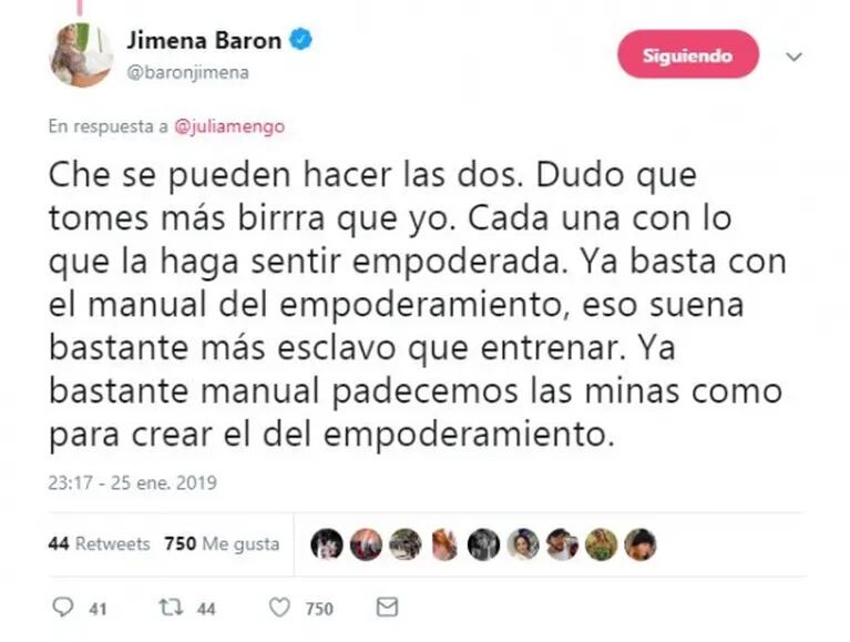  Jimena Barón, picante con Mengolini: "Dudo que tomes más birra que yo; basta del manual del empoderamiento"