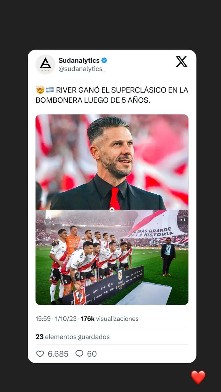 Los posteos de Evangelina Anderson tras el triunfo de River Plate (Foto: Instagram @evangelinaanderson)