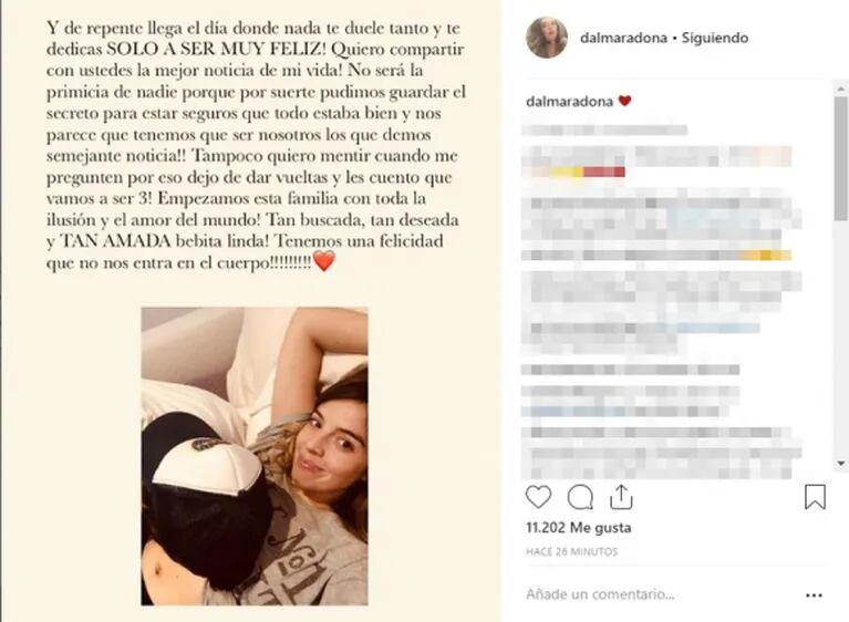 Dalma Maradona anunció su embarazo con Andrés Caldarelli: "Tan buscada y tan amada, bebita linda"