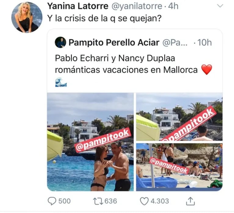 Filosos tweets de Granata y Yanina Latorre por las postales de Pablo Echarri con Nancy Dupláa de vacaciones