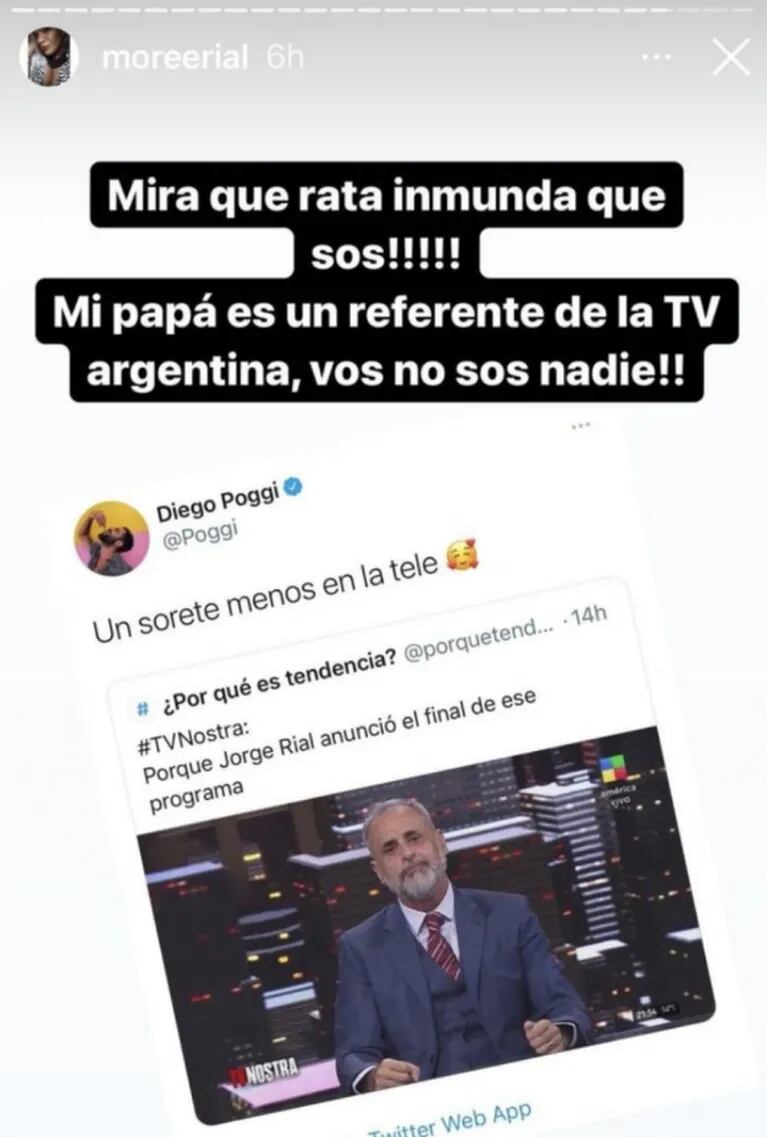 More Rial fulminó a Diego Poggi por criticar sin filtro a Jorge tras su renuncia a TV Nostra: "Rata inmunda"