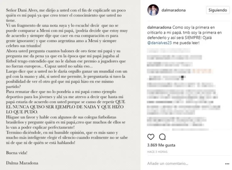 El enojo de Dalma Maradona con Dani Alves tras criticar a su papá: "Es más sano elegir el silencio cuando no se sabe de quién se está hablando"