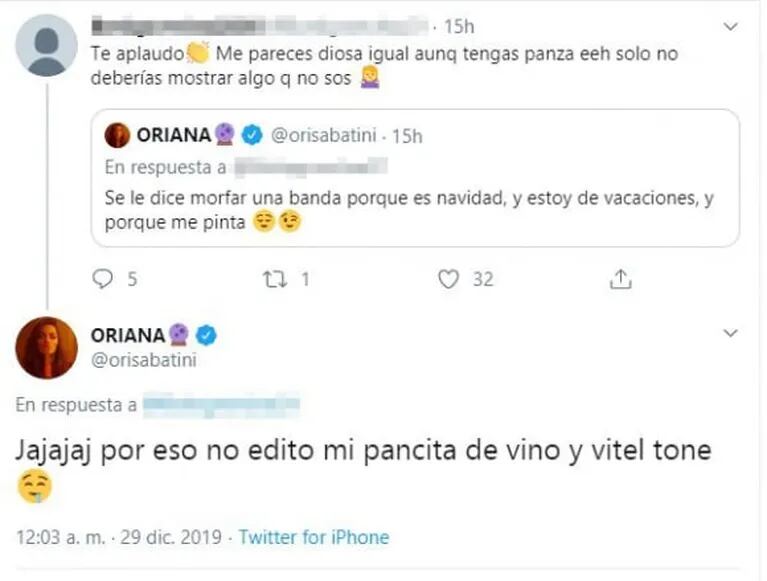 Divertida respuesta de Oriana Sabatini a una seguidora que sospechó un embarazo: "Se le dice morfar una banda"