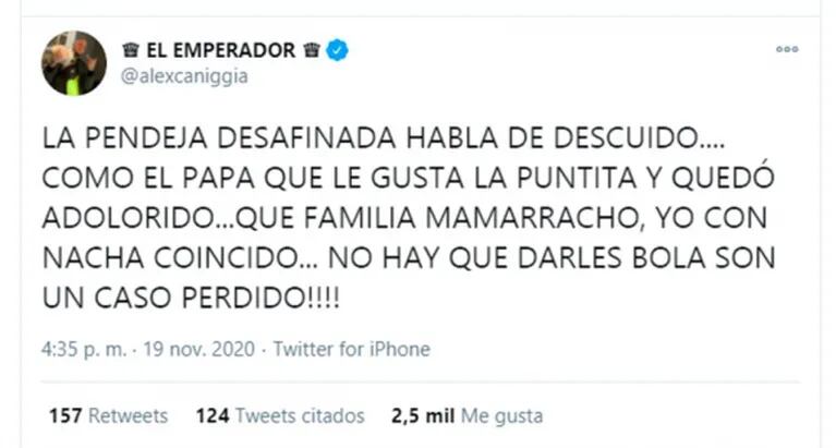 Escandaloso tweet de Alex Caniggia contra Yanina Latorre y su familia: "¡No hay que darles bola porque son un caso perdido!"