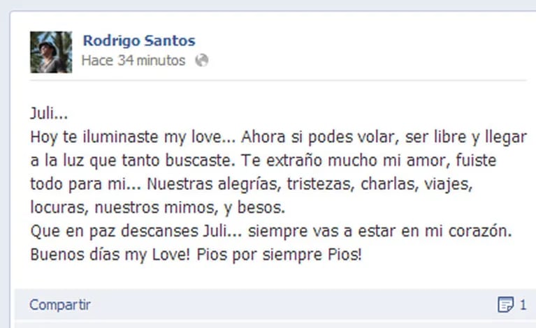 El emotivo mensaje de Rodrigo Santos en memoria de Julieta Gómez (Foto: Captura). 