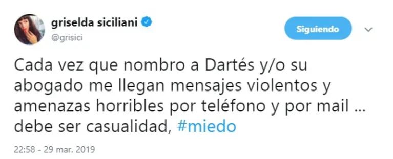 Fuerte tweet de Griselda Siciliani tras criticar la defensa de Burlando a Darthés: "Cada vez que hablo de ellos, me llegan mensajes violentos y amenazas"