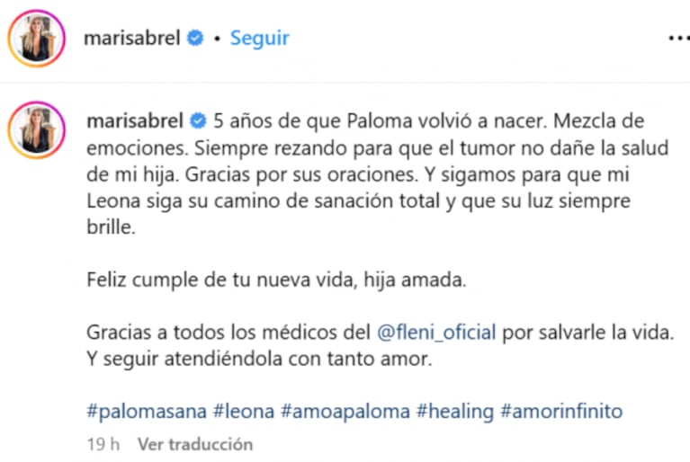 A 5 años de recuperarse de un tumor cerebral, Marisa Brel le dedicó un dulce mensaje a su hija