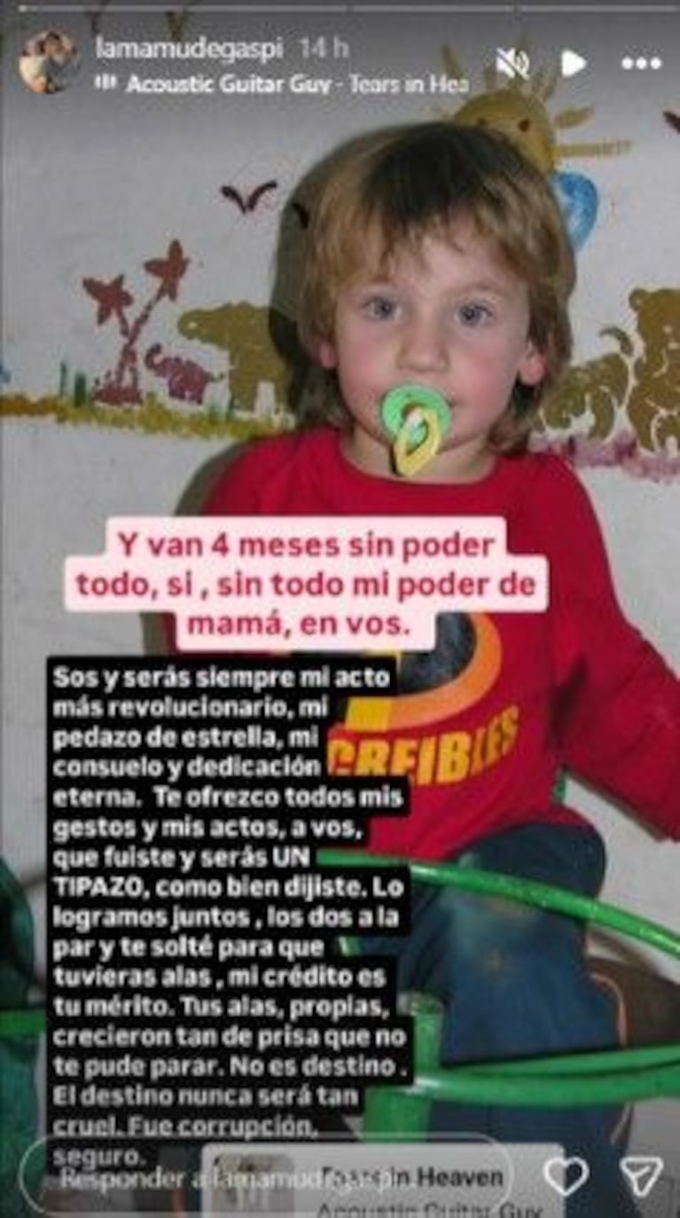A cuatro meses de la muerte de Gaspi, su madre compartió un desgarrador mensaje: "El destino cruel" . Crédito: Instagram
