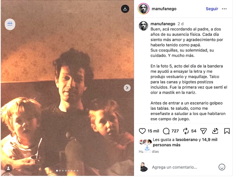 A dos años de la muerte de Daniel Fanego, su hijo Manu lo recordó con un emotivo mensaje. Crédito: Instagram