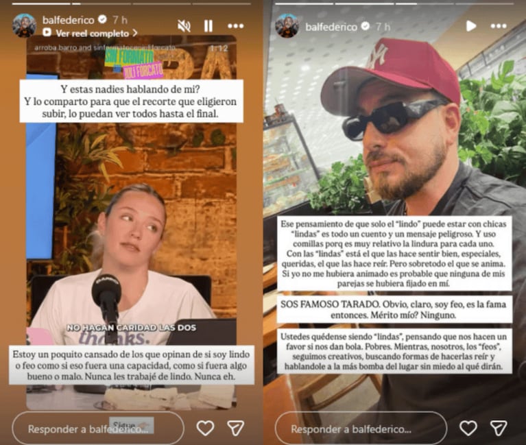 A Fede Bal le dijeron que es “feo” y salió con los tapones de punta: “Estoy cansado de los que opinan”. Crédito: Instagram