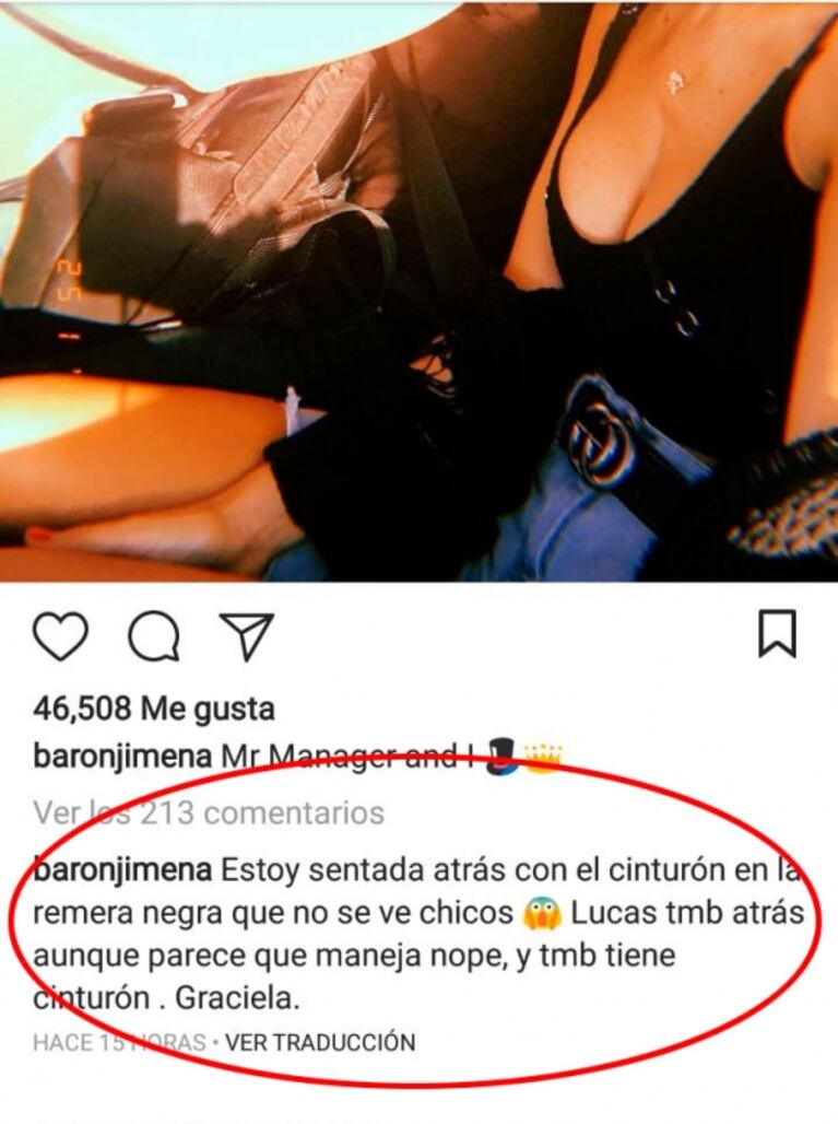 A Jimena Barón la acusaron de viajar sin el cinturón de seguridad ¡y ella aclaró los tantos!: "Estoy sentada atrás y no se ve por la remera negra" 