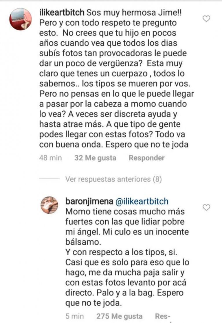 A Jimena Barón le preguntaron si no pensaba en Momo cuando subía fotos sexies: ¡su increíble respuesta!