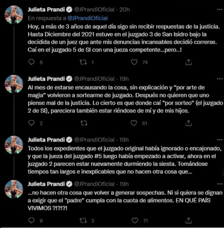 A Julieta Prandi le cambiaron el juzgado tres veces y la causa contra su ex no avanza: "Ya esto es demasiado extraño"