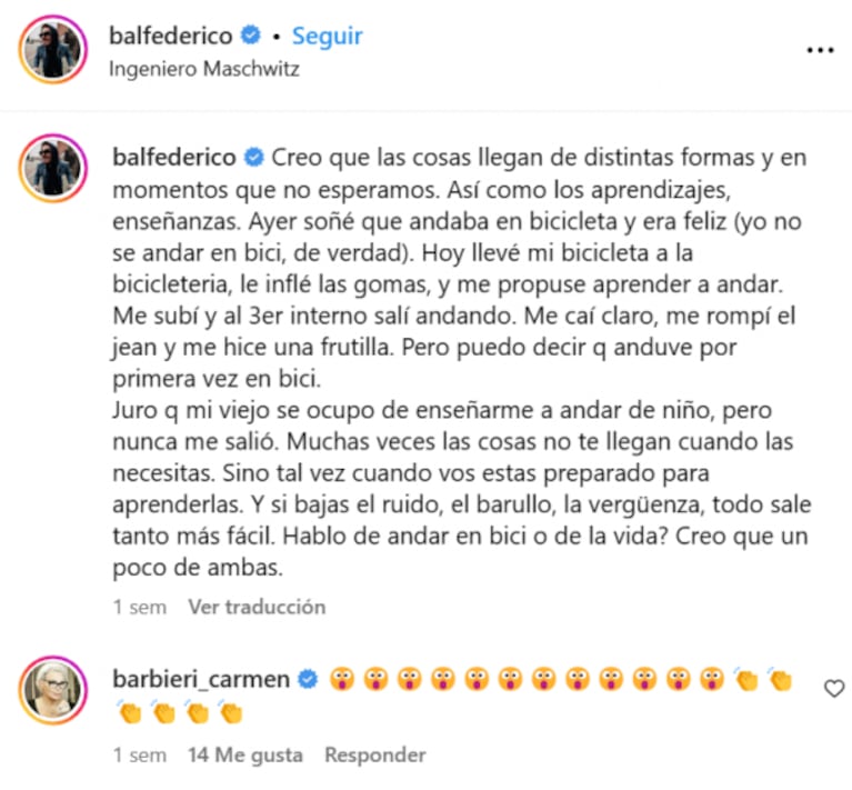 A los tumbos, Federico Bal aprendió a andar en bicicleta a los 33 años