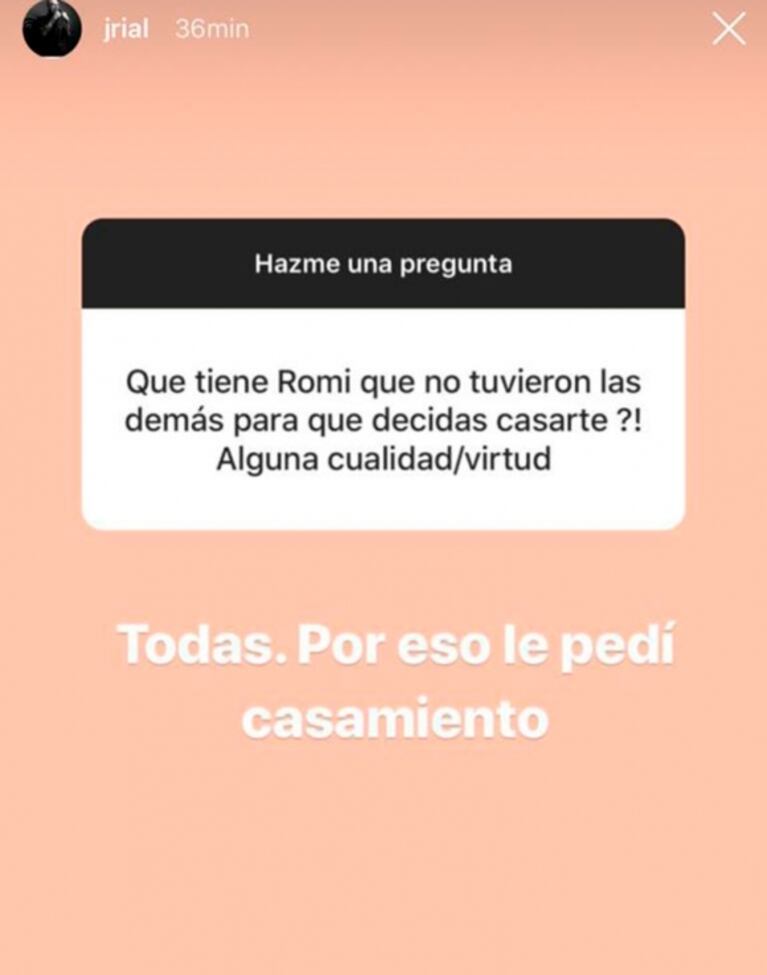 A Rial le preguntaron qué cualidad tiene Romina Pereiro que no tuvieron sus ex para decidir casarse: "Todas"
