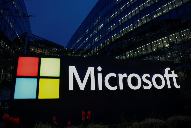 A view shows a Microsoft logo at Microsoft offices in Issy-les-Moulineaux near Paris, France, March 25, 2024. REUTERS/Gonzalo Fuentes