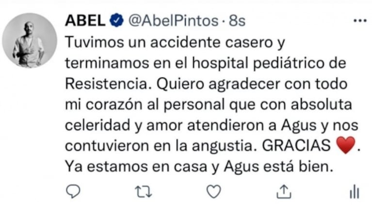 Abel Pintos contó que su hijo sufrió un accidente doméstico y tuvo que ser atendido de urgencia 