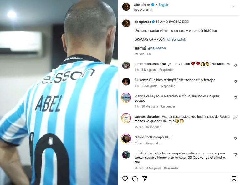 Abel Pintos festejó el título de Racing (Foto: captura Instagram/abelpintos)