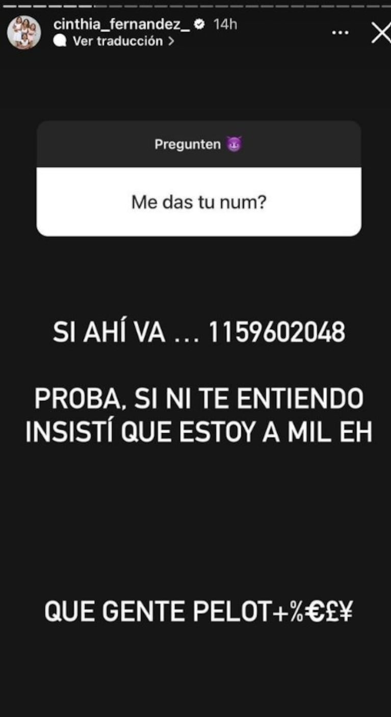 Ácida, Cinthia Fernández le respondió a un fan que le pidió su número telefónico por mensaje privado