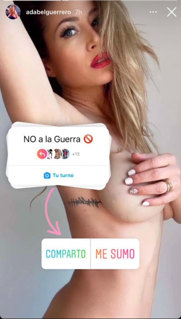 Adabel Guerrero publicó una foto sin ropa para repudiar la guerra en Ucrania