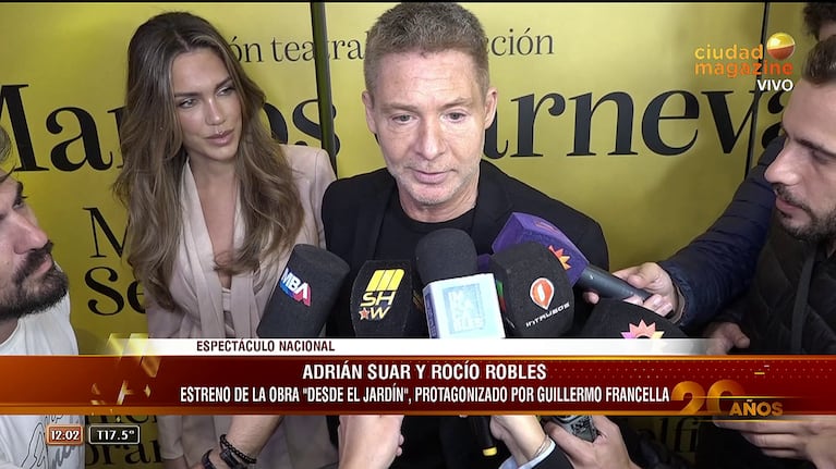 Adrián Suar y Rocío Robles en el estreno de la obra de Guillermo Francella, "Desde el Jardín" (Foto: captura de Mshow).