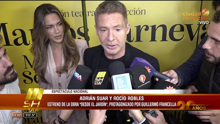 Adrián Suar y Rocío Robles en el estreno de la obra de Guillermo Francella, "Desde el Jardín" (Foto: captura de Mshow).