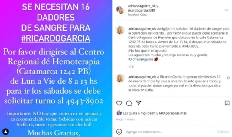 Adriana Aguirre pide dadores de sangre para Ricardo García: "Está en manos de Dios"