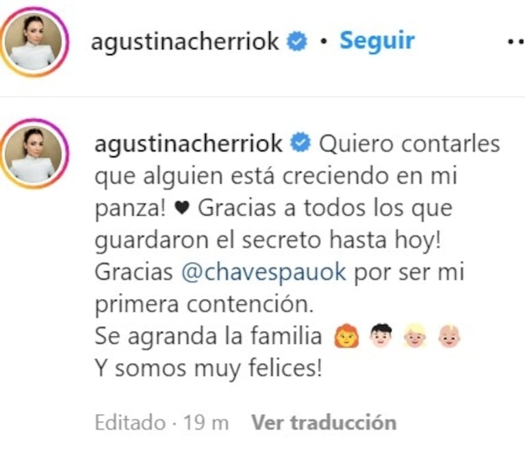 Agustina Cherri anunció que está embarazada de su cuarto hijo: "Alguien está creciendo en mi panza"