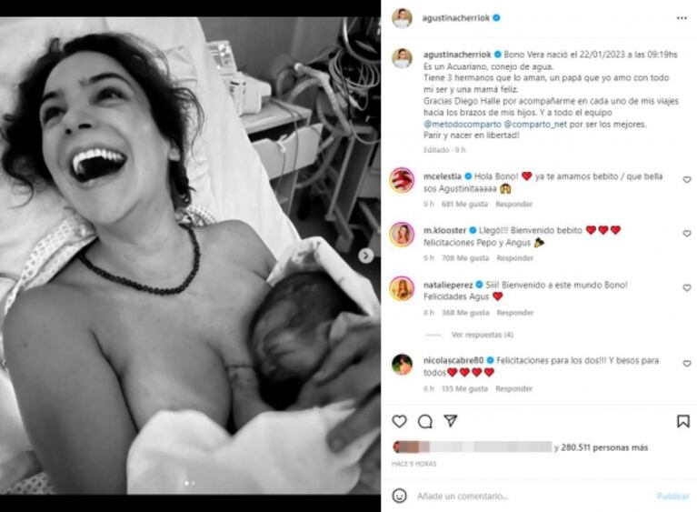 Agustina Cherri fue mamá y presentó a su hijo con una conmovedora foto: "Parir y nacer en libertad"