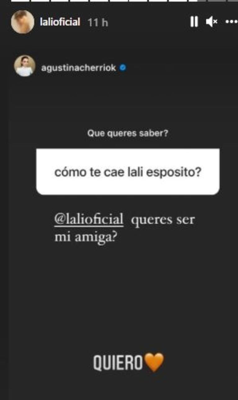 Agustina Cherri protagonizó un tierno ida y vuelta con Lali Espósito: "¿Querés ser mi amiga?"