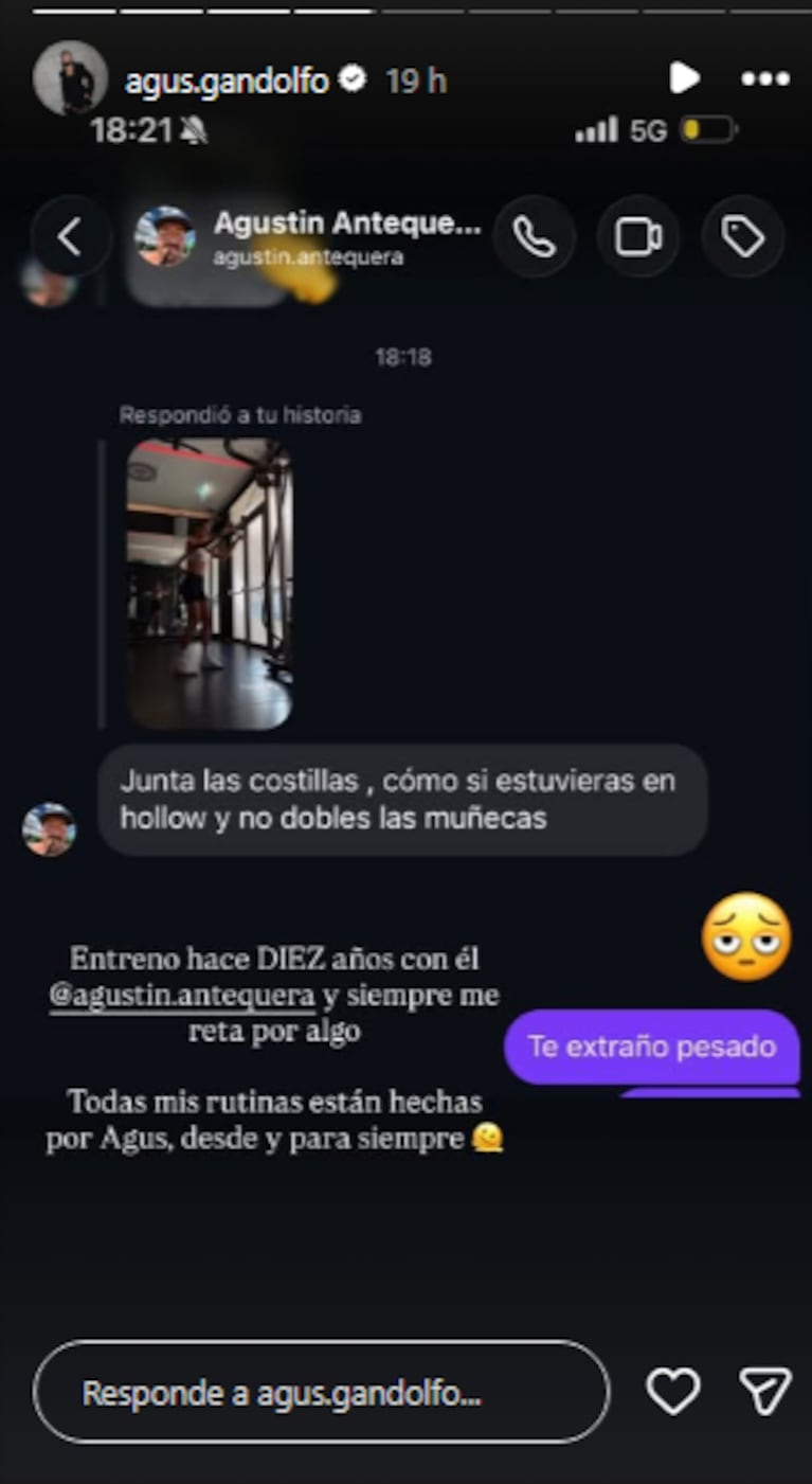 Agustina Gandolfo compartió el ida y vuelta con su entrenador Agustín Antequera, quien la corrigió en pleno entrenamiento de espalda.
Fuente: Instagram / @agus.gandolfo