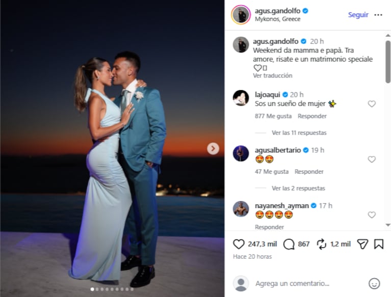 Agustina Gandolfo y Lautaro Martínez en Mykonos, Grecia. Crédito Instagram @agus.gandolfo