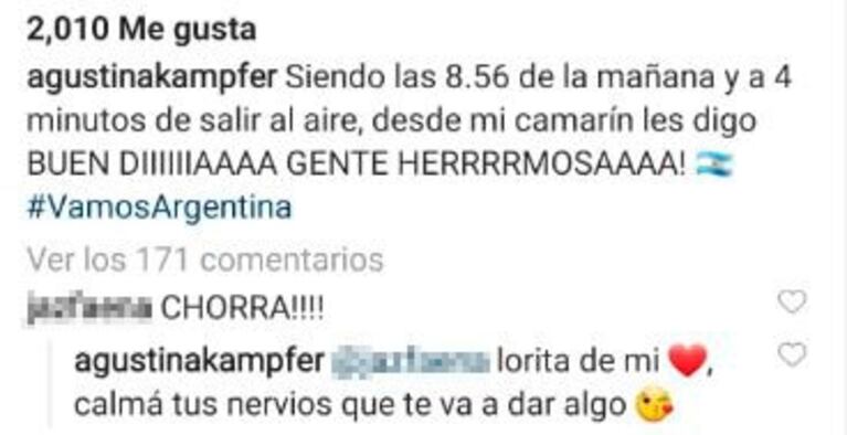 Agustina Kämpfer celebró el resultado de las PASO, una seguidora la tildó de "chorra" y ella respondió