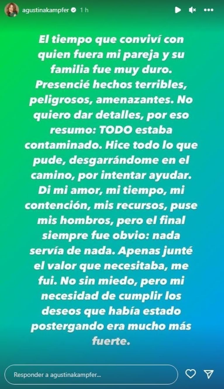 Agustina Kämpfer rompió el silencio y le respondió a More Rial: "Presencié hechos terribles, peligrosos y amenazantes"