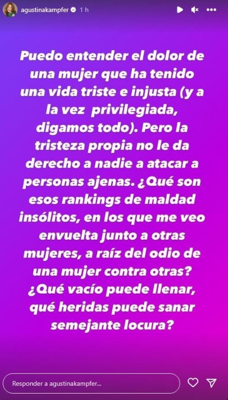 Agustina Kämpfer rompió el silencio y le respondió a More Rial: "Presencié hechos terribles, peligrosos y amenazantes"