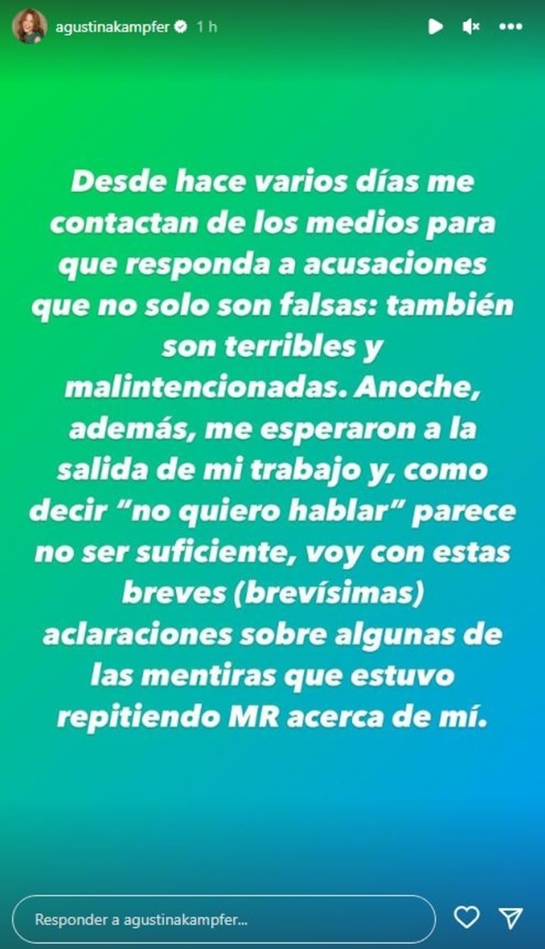 Agustina Kämpfer rompió el silencio y le respondió a More Rial: "Presencié hechos terribles, peligrosos y amenazantes"