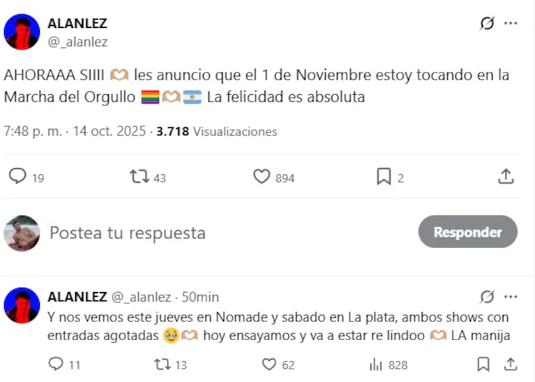 Alan Lez compartió la noticia en sus redes y celebró el logro junto a sus seguidores. Crédito: X