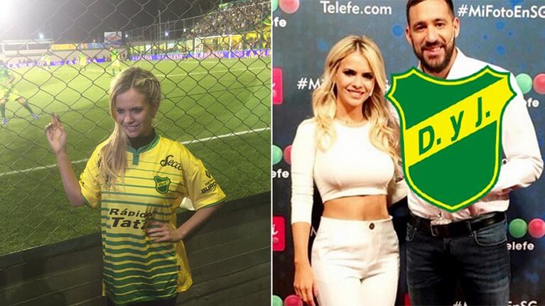 Alejandra Maglietti fue a ver a Jonás Gutiérrez a su debut en Defensa y Justicia. Fotos: Twitter y Web.