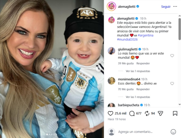 Alejandra Maglietti y Manuel palpitan el debut de la Selección. Fuente: Instagram @alemaglietti