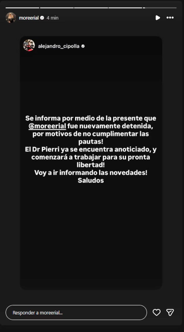 Alejandro Cipolla brindó información sobre la detención de Morena Rial (Foto: Instagram @morerial)