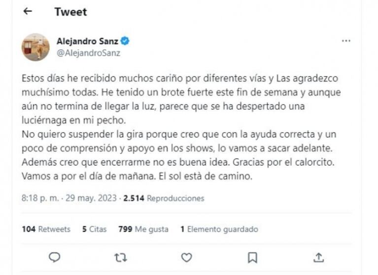 Alejandro Sanz se mostró recuperado luego de su alarmante mensaje: "Encerrarme no es buena idea"