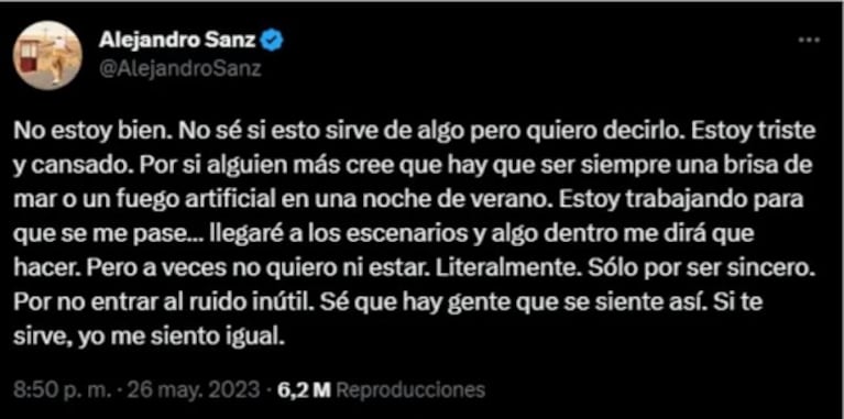 Alejandro Sanz volvió a hablar de su estado anímico y sus fans reaccionaron para darle fuerzas