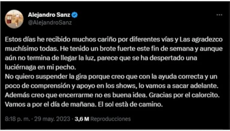 Alejandro Sanz volvió a hablar de su estado anímico y sus fans reaccionaron para darle fuerzas