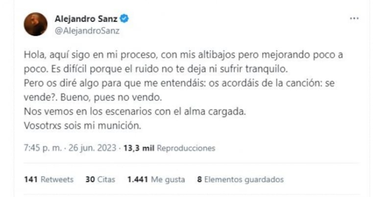 Alejandro Sanz volvió a hablar de su estado anímico y sus fans reaccionaron para darle fuerzas
